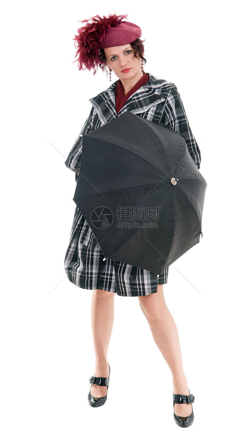 带雨伞的妇女裙子黑发惊喜贝雷帽行李引擎盖衣服帽子女孩羽毛图片