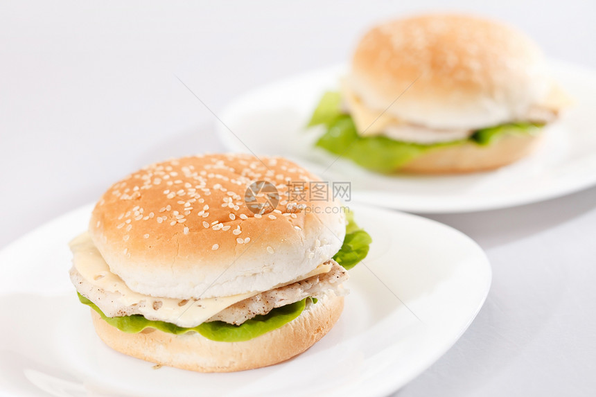 鸡肉三明治派对芝麻洋葱小吃食物面包包子盘子图片