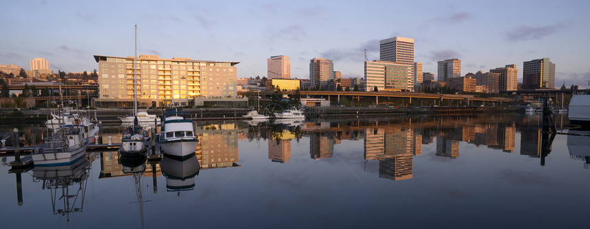 水路Tacoma塔科马建筑学旅行日出景观天际蓝色城市文明海港图片