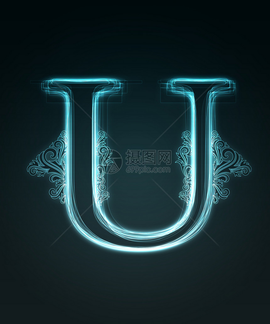 光华字体 闪亮的字母U艺术刻字高科技力量插图英语数字编织辉光蓝色图片