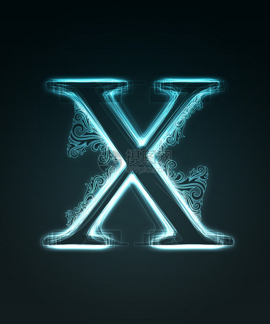 光华字体 闪亮的信X插图力量刻字高科技编织辉光蓝色字母数字英语图片