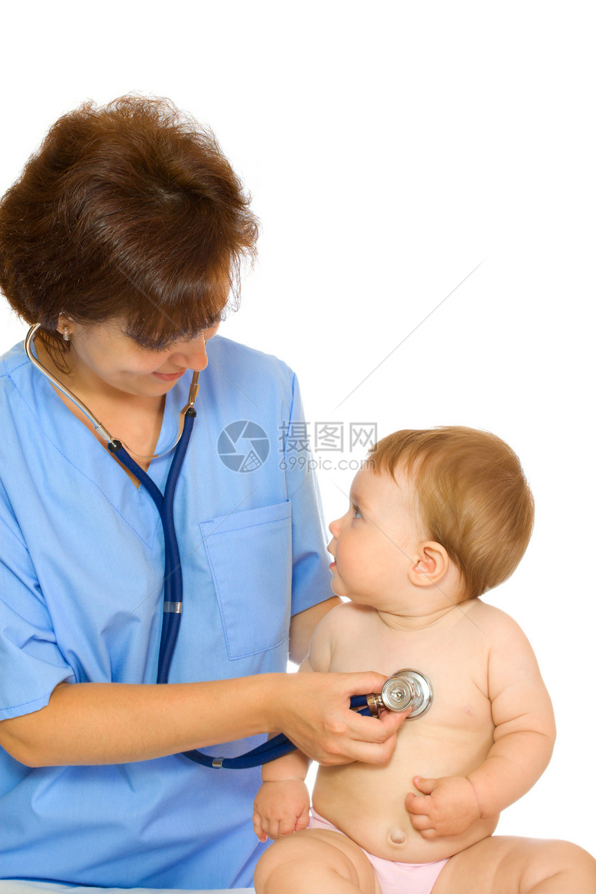 医生的听诊器和小笑笑婴儿与6号隔离图片