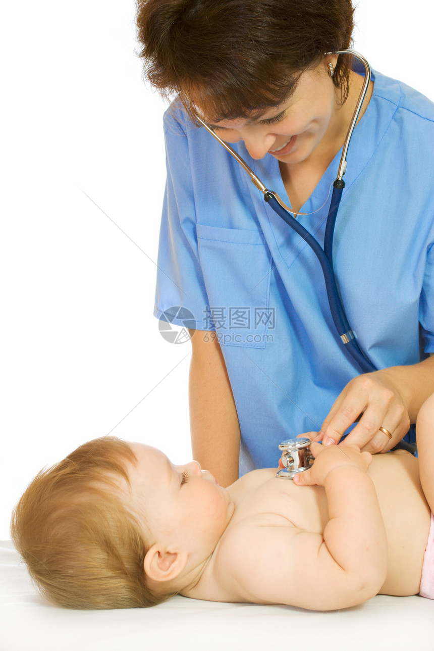 医生的听诊器和小笑笑婴儿与8号隔离图片