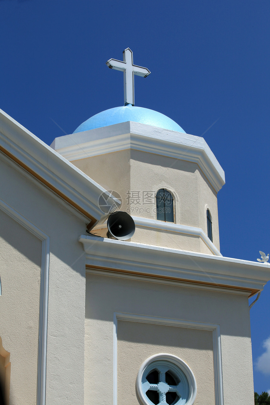 科斯镇教堂马赛克门户网站窗户蓝色天炉圆顶宗教教会入口图片