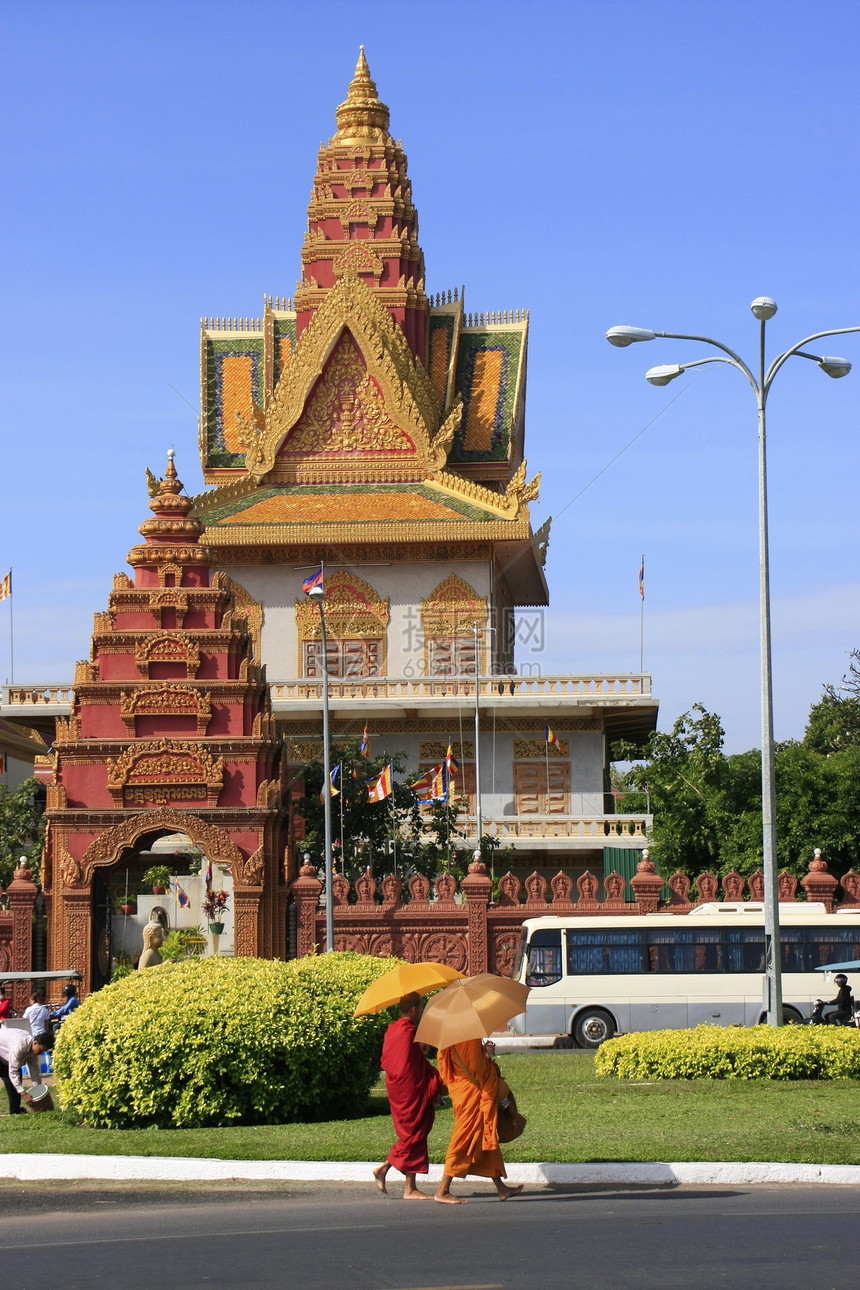 柬埔寨金边建筑学高棉语首都寺庙码头长袍建筑佛教徒王国国家图片