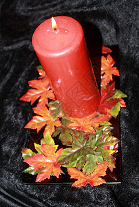 秋秋装饰蜡烛盘子棕色树叶背景图片