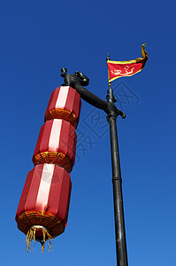 红灯笼金属旗帜历史文化蓝色旅行历史性天空中心灯笼背景图片