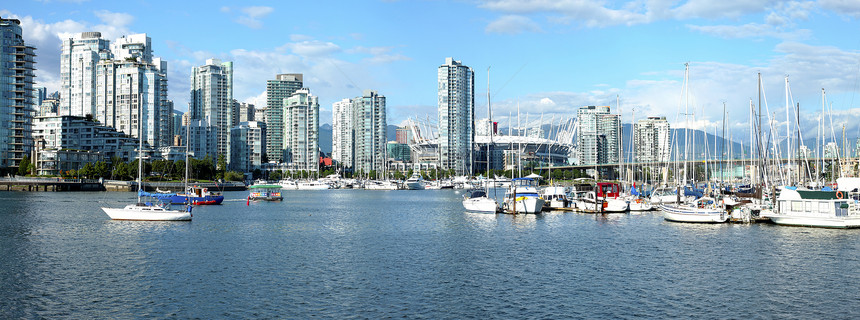加拿大不列颠哥伦比亚省False Creek温哥华的天桥和码头图片