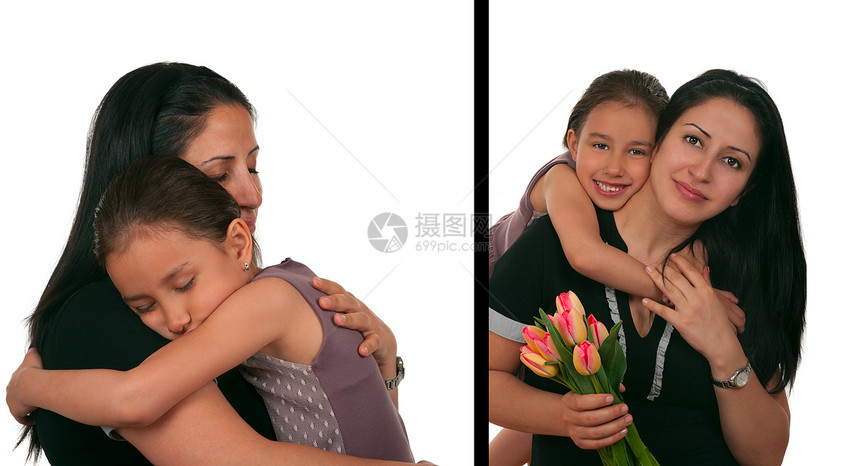 母亲日女孩郁金香家庭微笑庆典女儿生日拥抱孩子妈妈图片
