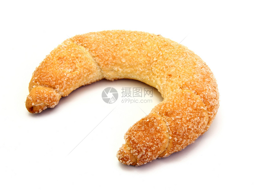 新鲜的羊角面包被糖制成盐甜点盘子白色小吃脆皮糕点黄油包子面团粉状图片