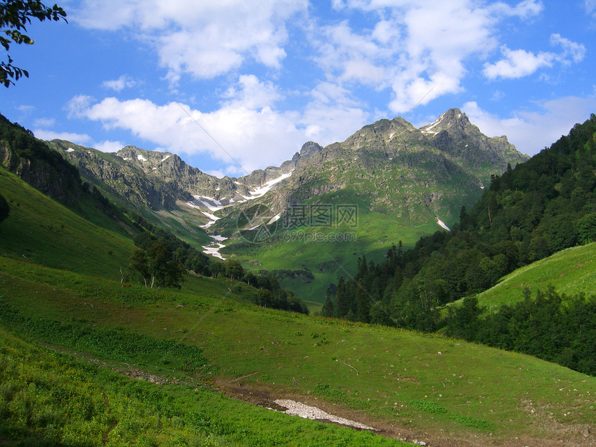 美丽的青绿色山地景观全景蓝色阳光空地环境林地高地爬坡风景生态图片