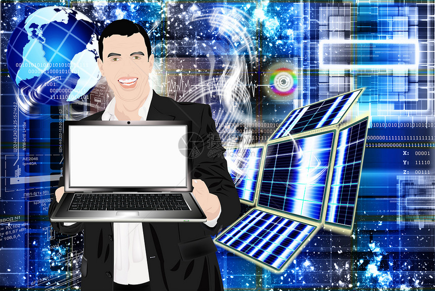 A 最新的互联网技术数字化纽扣科学经理键盘蓝色幸福工程力量男人图片