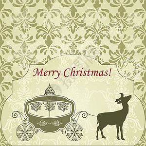 圣诞花纹带鹿和树敌运的矢量圣诞贺卡插画