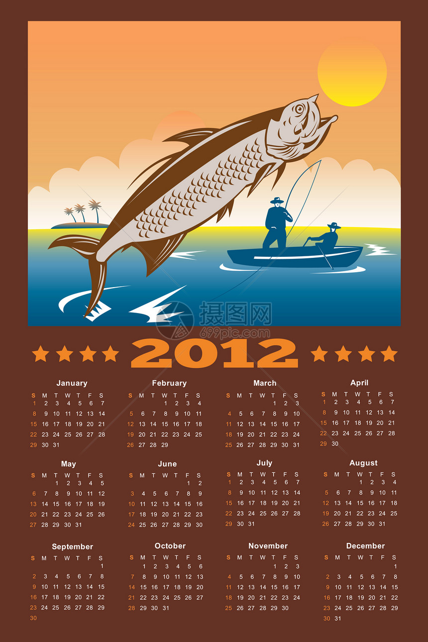 2012年渔船海报历法 塔蓬鱼日历渔夫插图大海图片