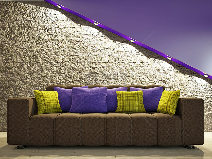 墙附近的沙发休息室房间枕头灯光照明长椅装饰水泥软垫生活图片