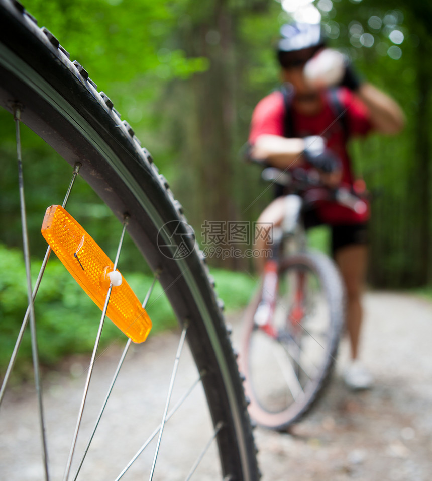 在森林中骑山地自行车森林自行车道上的骑自行车的人国家旅行休息锻炼爱好娱乐头盔运动男人闲暇图片