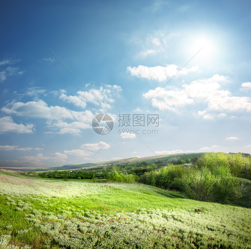 春泉草地花园牧场色彩阳光蓝色风景季节场地爬坡太阳图片