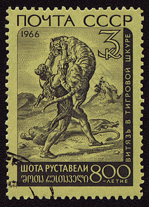 印在邮票上的老虎皮肤骑士背景图片