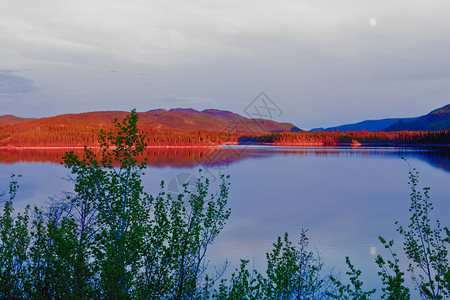 夜光照耀平静的双湖育空加拿大背景图片