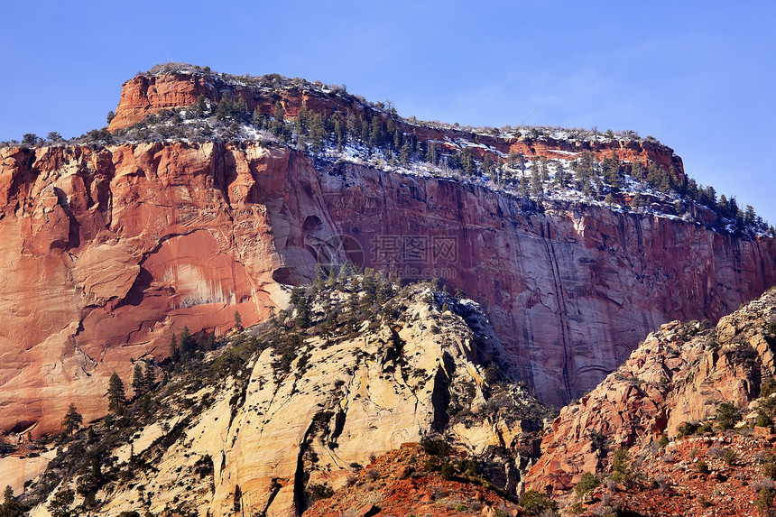 红岩峡谷 西雪西山寺锡安国家公园犹他州首脑旅行远景风景地质学编队土地石头环境公吨图片