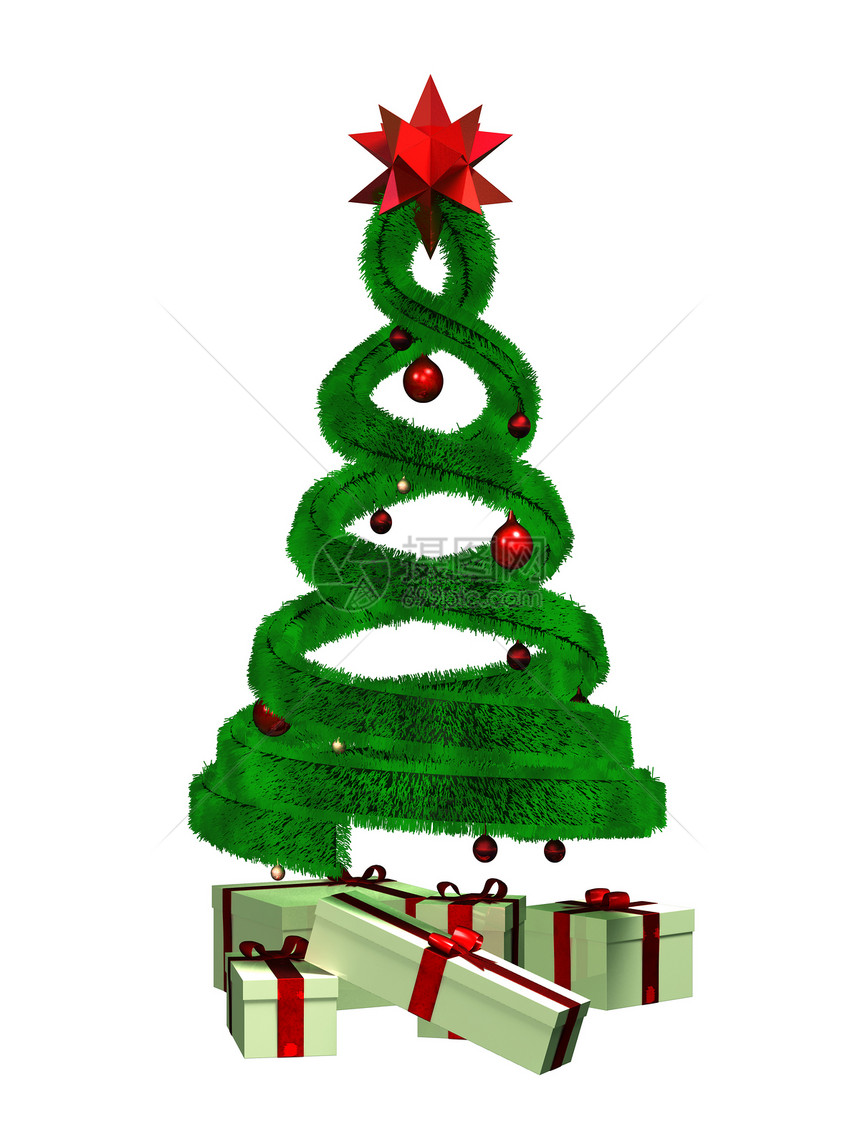 绿色设计松树和一些礼品红色惊喜礼物展示派对喜悦盒子丝带星星图片