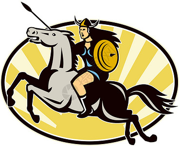 挪威语Valkyrie 骑马马回转骑术椭圆形艺术品插图神话骑士插画