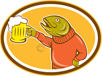 卡通啤酒杯特鲁特鱼控股啤酒穆杜奥瓦尔卡通动物卡通片野生动物海洋生物啤酒杯椭圆形艺术品插图插画