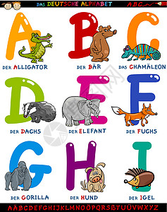 带动物的德国漫画字母表教育拼写插图孩子们卡通片字体底漆木板乐趣幼儿园背景图片