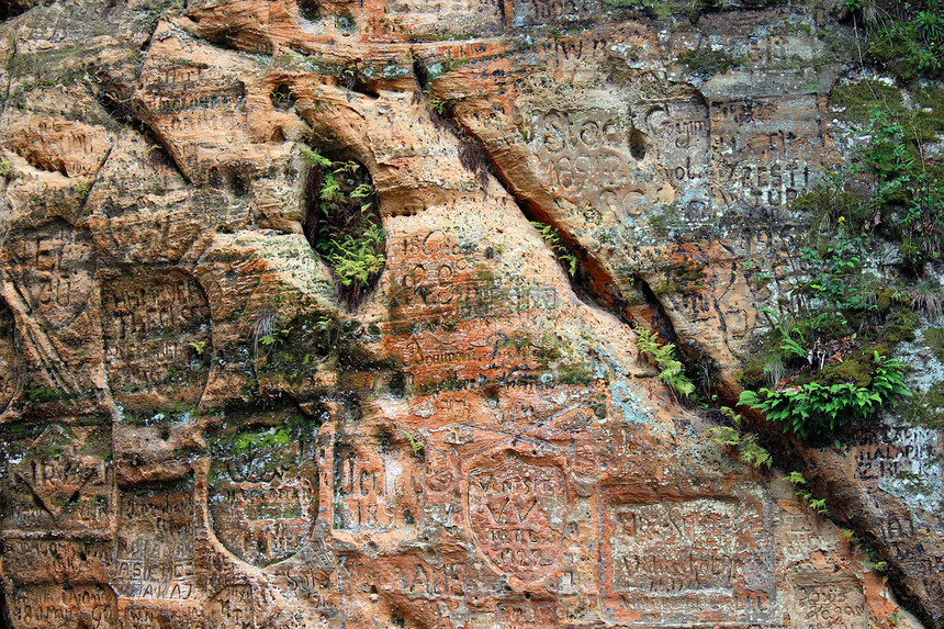 拉脱维亚Sigulda附近Gautmanis洞穴骑士涂鸦勘探海豹岩石石头护盾探索红色雕刻图片