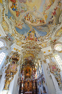 威斯朝圣教堂管风琴旅行旅游教会古迹彩色天花板玻璃世界遗产历史背景图片