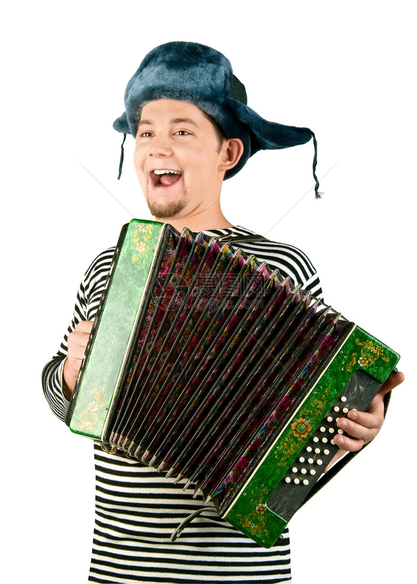 手风琴的俄罗斯人 白背景被孤立音乐家手臂乐趣男人音乐文化背心乐器乐队帽子图片