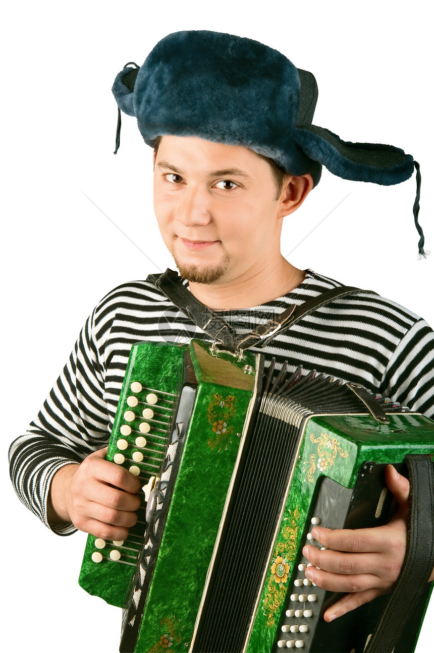 手风琴的俄罗斯人 白背景被孤立帽子男人按钮钥匙乐队古董民间笔记乐器男性图片