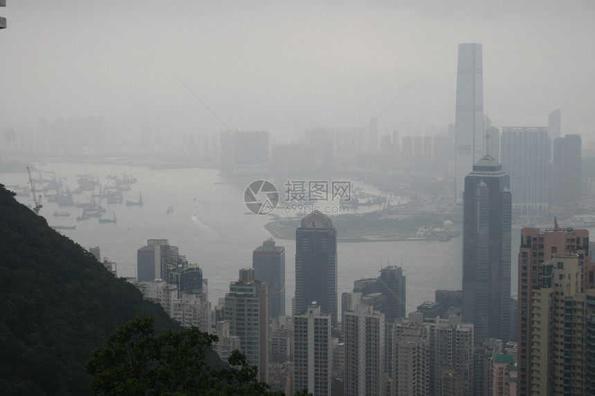 香港的天际线 从华尔山峰顶峰花园高层建筑港口城市静水体窗户船舶峰值建筑图片