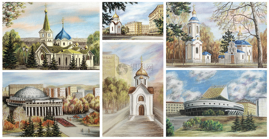 俄罗斯 新西伯利亚 建筑蓝色公园手绘剧院教会建筑学圆顶寺庙城市写意图片