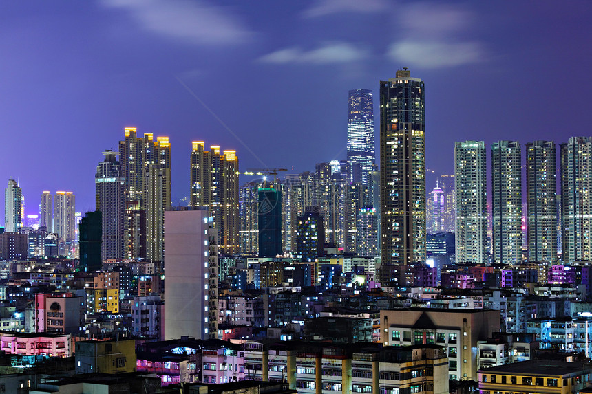 香港夜景地标城市摩天大楼风景场景市中心天空办公室商业蓝色图片