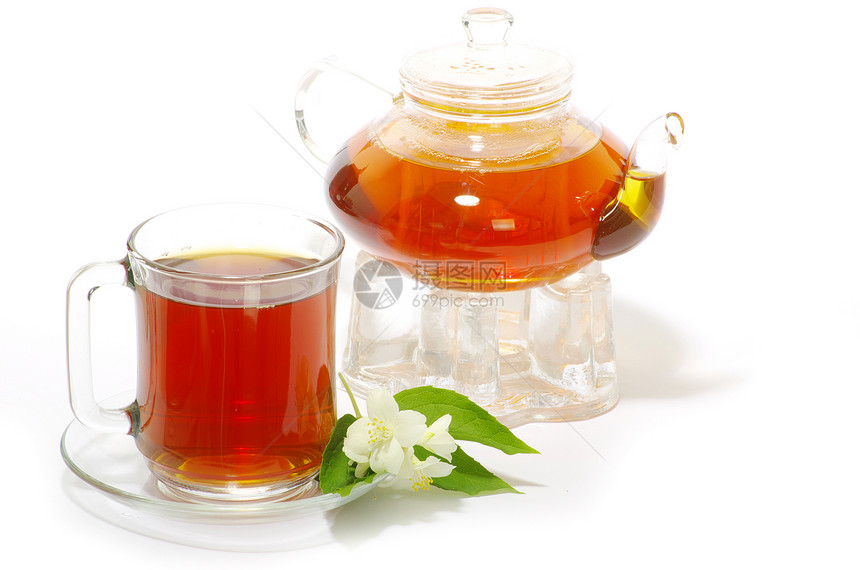 茶茶杯红色绿色白色叶子一杯茶橙子概念棕色液体水平图片
