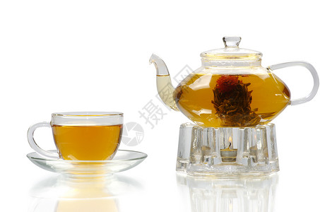 茶绿色杯子玻璃叶子白色液体茶壶橙子红色概念背景图片