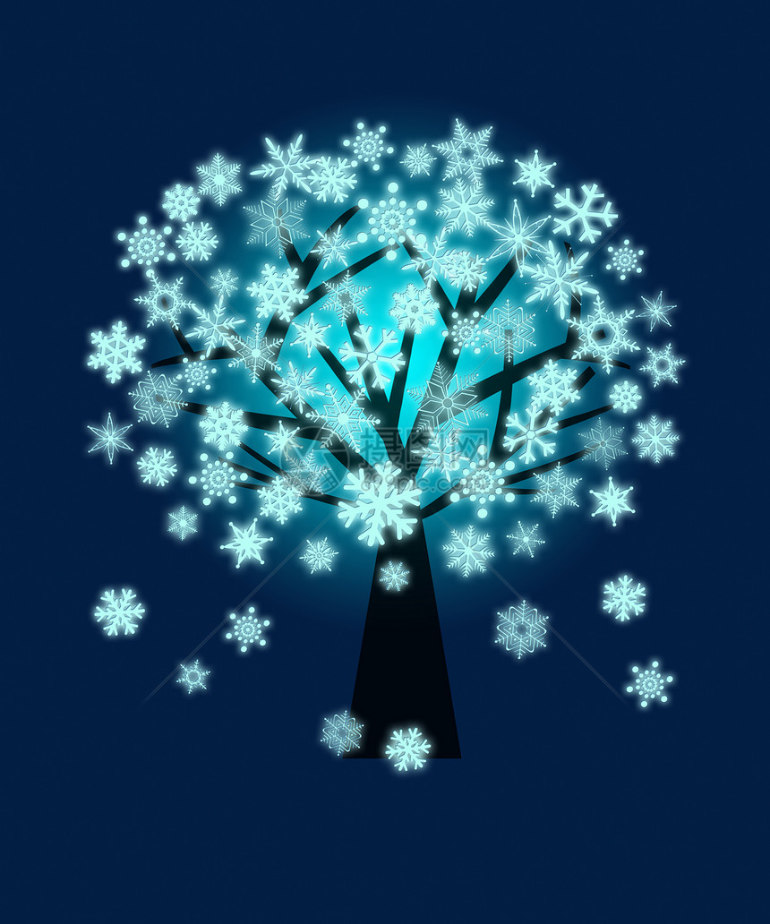 蓝色背景的冬季圣诞雪花树图片
