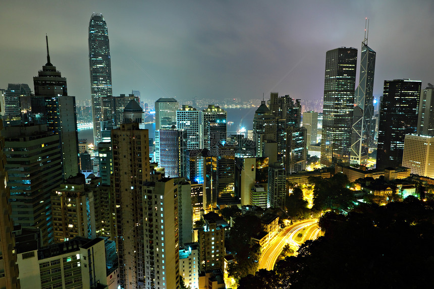 香港夜景市中心蓝色天空建筑办公室风景场景天际景观摩天大楼图片