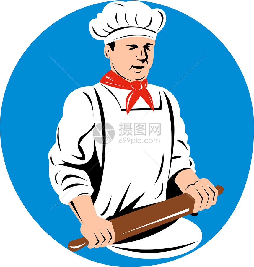 厨师烤面包机 手持打滚针工人面包师帽子插图擀面杖男性面团男人图片