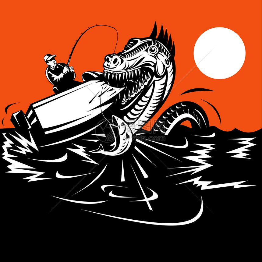 渔业捕鱼和海蛇怪物攻击插图卷轴鳟鱼图片