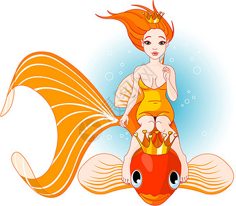 皇冠美人鱼美人鱼骑在金鱼上皇冠尾巴红色动物金子女孩公主卡通片青少年规模插画