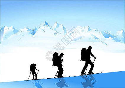 冬季徒步旅行背包挑战风景降雪远足冰川旅游者滑雪者玫瑰首脑背景图片