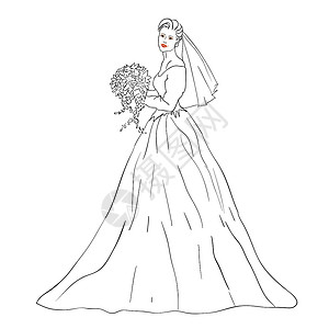 奢华长尾婚纱穿着婚纱的新娘白衣 带花束女孩礼物身体插图已婚购物裙子婚礼面纱装饰品插画