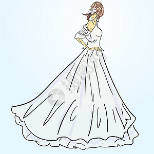 奢华长尾婚纱穿着婚纱的新娘白衣 带花束身体卡通片礼物女孩婚礼插图购物面纱庆典妻子插画
