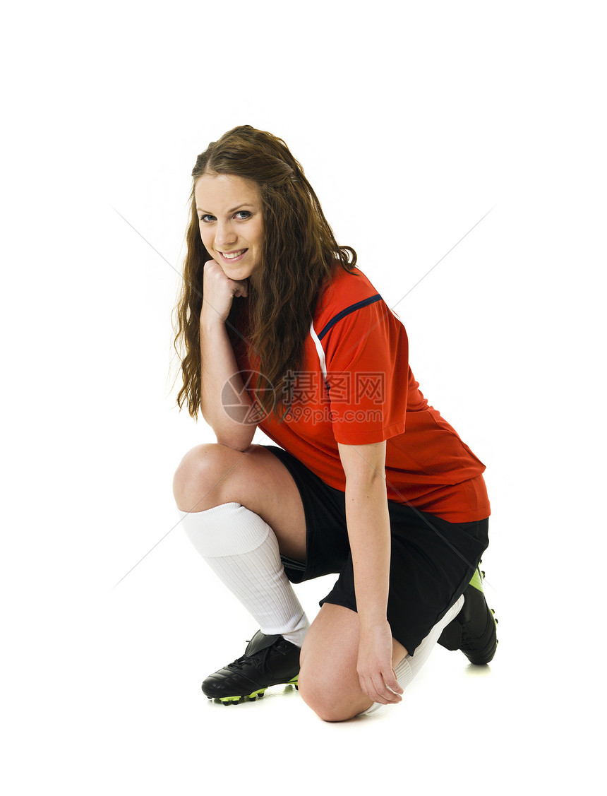 女足球员职业白色成人享受幸福运动足球鞋运动员头发衬衫图片