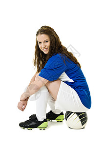 女足球员青春期服装职业足球蓝色体育竞赛竞技衣服白色美丽高清图片素材