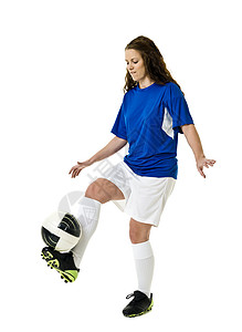 女足球员表情足球影棚蓝衬衫幸福运动竞技青少年衣服竞赛运动服装高清图片素材