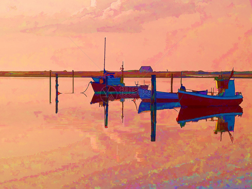 数字艺术的神奇反射 小渡艇海岸线码头海洋漂浮多莉血管港口海岸海滩运输图片