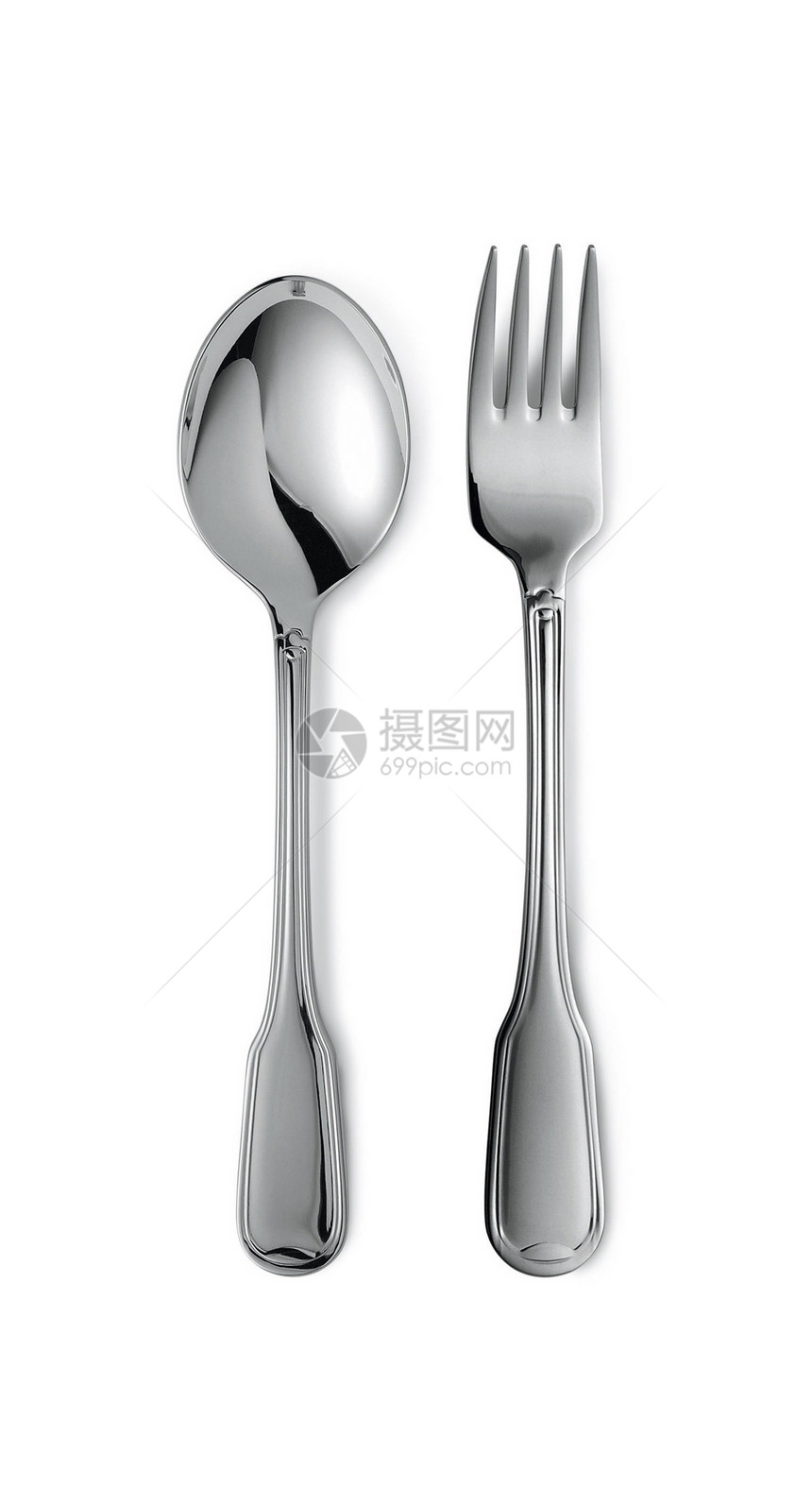 白上隔离的叉子和勺子线条牙齿宏观午餐菜单金属餐厅桌子早餐晚餐图片